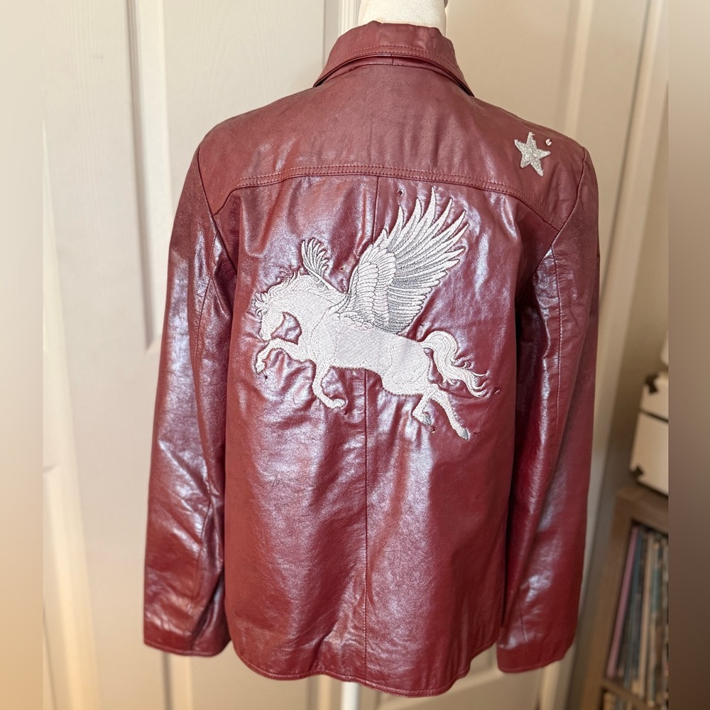 🐴Year of the Horse🐴Rare Pegasus Leather Red Y2K Vintage Jacket Short Star Collar
